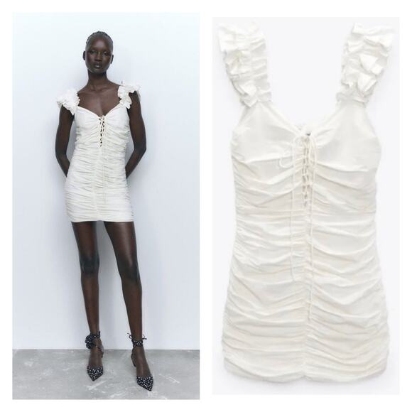 Zara Blogger Favorite Off White Ruched Front Mini Dress Sz.S NWT - Picture 4 of 16